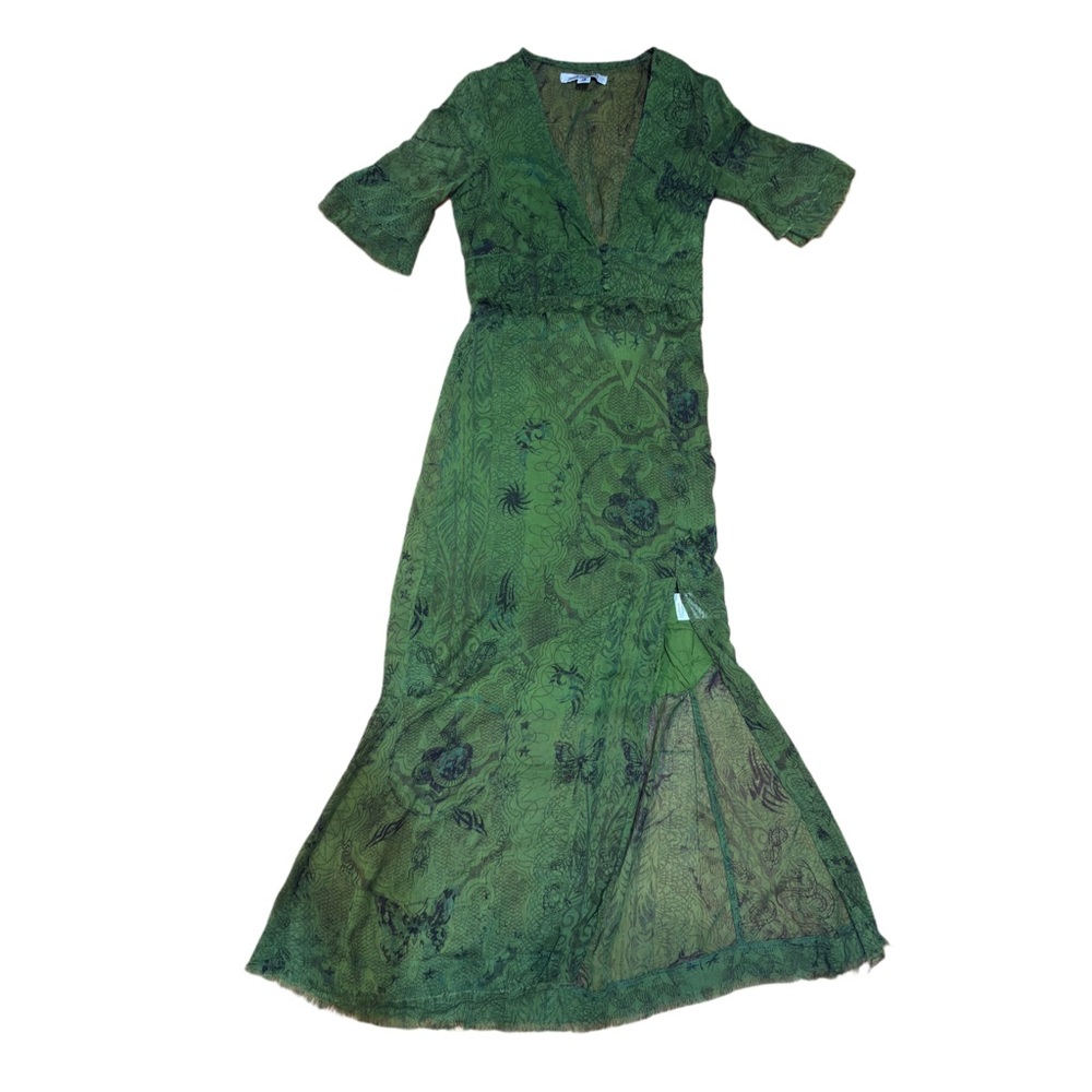 Urban Outfitters Boho Print Midi Green Floral V-Neck Dress Size XS